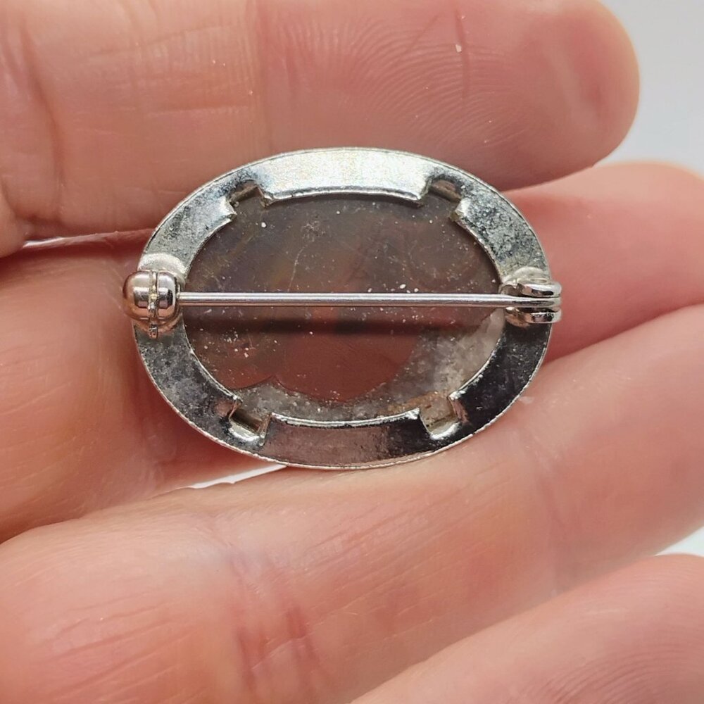 Vtg Bullseye Eye Agate Brooch Silver Tone Carnelian Orange Brown White Oval - Picture 6 of 8